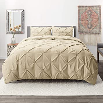 Nestl Bedding 3 Piece Pinch Pleat Duvet Cover Set | Cream Duvet Cover with 2 Pillow Shams |Microfiber King Duvet Cover Set