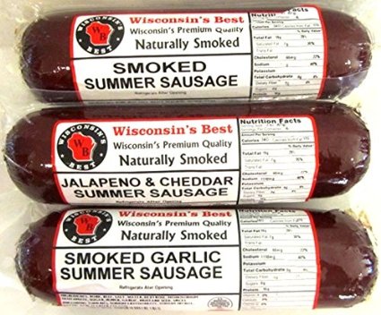 Wisconsin's Best, Naturally Smoked Summer Sausage Sampler- Original, Garlic and Jalapeno Cheddar- 3-12oz Sausage, Hickory Smoked, Great for a Gift or Any Occasion!