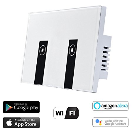 WiFi Smart Alexa Light Switch, HOSYO 2 Gang Touch Wall Plate Light Switch Panel, In-Wall Wireless On/Off Wall Switch, Timing, Voice App Remote Control, Compatible with Alexa