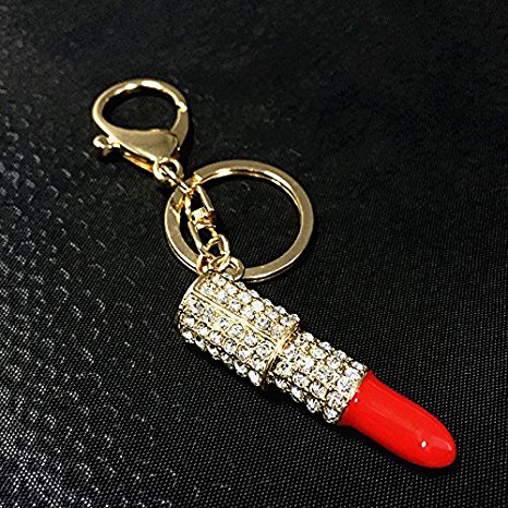 Cy3Lf Crystal Lipstick Makeup Keyring Rhinestone Purse Bag Charm Pendant Keychain Christmas Gift for Girl Woman Lady, RED