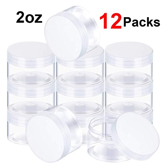 SATINIOR Empty 12 Pack Clear Plastic Slime Storage Favor Jars Wide-Mouth PlasContainers with Lids for Beauty Products, DIY Slime Making or Others (2 Ounce, Clear)