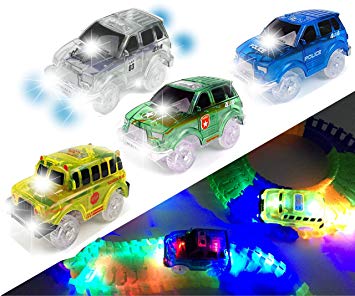 [4-PACK] Light Up Track Replacement Race Cars Toy | w/ 5 LED Lights | Glow in the Dark | For Independent & Track Play | Track Accessories Compatible with Most Tracks for Boys and Girls