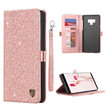 BENTOBEN Galaxy Note 9 Wallet Case, Glitter Sparkly Luxury PU Faux Leather Flip Wallet ID Credit Card Holder Cash Pocket Bling Purse Women Girls Slim Phone Cover Kickstand for Samsung Note9, Rose Gold