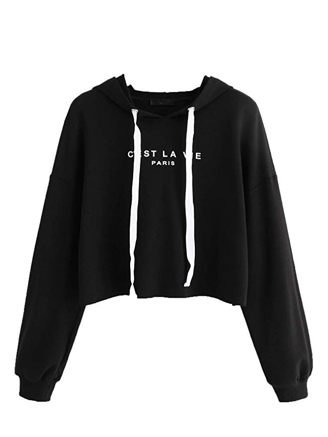 Romwe Women's Letter Print Sweatshirt Raw Hem Drawstring Crop Top Hoodie