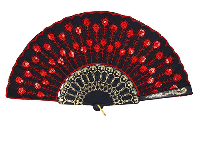 Amajiji Folding Fans for Women,Handmade Elegant Colorful Embroidered Flower Peacock Pattern Sequin Fabric Folding Fans (Red)
