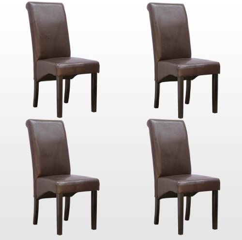 More4Homes 4 x CAMBRIDGE LEATHER BROWN DINING CHAIR w DARK WOOD LEGS ROLL TOP HIGH BACK