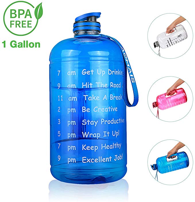 AOMAIS Gallon Water Bottle with Motivational Time Marker, Large 128 oz, Leak-Proof, Wide Mouth, BPA Free Water Bottles for Sports Gym Fitness Work