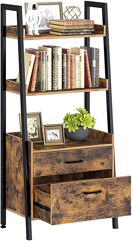 Rolanstar Ladder Shelf with 2 Drawers, 3-Tier Multifunctional Bookshelf, Freestanding Display Bookcase with Metal Frame, Utility Organizer Shelves for Home, Office, Living Room, Rustic Brown