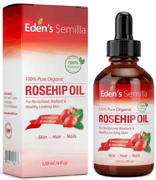 100% Pure Rosehip Oil - 120ml - Certified ORGANIC - Revitalises Skin & Hair - Clinically Proven - Natural / Cold pressed & unrefined - NON Greasy HIGH absorbency - Use daily - Anti ageing, nourishes, hydrates and visibly reduces fine lines, scars, stretch marks and skin pigmentations - Suitable for all skin types - Eden's Semilla Essential Skin Care