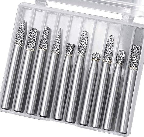 Eyech 10pc Tungsten Carbide Rotary Cutting Burr Die Grinder Bits Double Cut Rotary Files Fits for Die Grinder Drill DIY Carving/Polishing/Engraving/Drilling - 6mm (1/4") Cutting Diameter