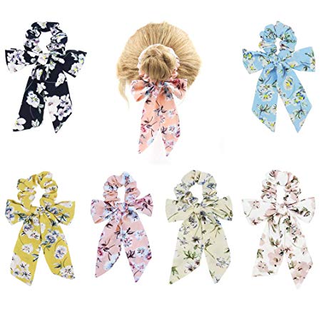 SUSULU Hair Scrunchies with Bow Hair Ties Floral Print Scrunchy Elastic Rubber Band Hair Accessory for Women Pack of 6 Mixed Colors