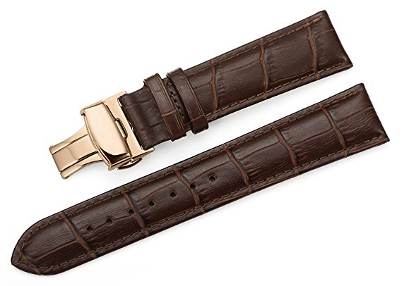iStrap 24mm Calf Leather Watch Band Strap W/ Rose Gold Steel Push Button Deployment Buckle Brown