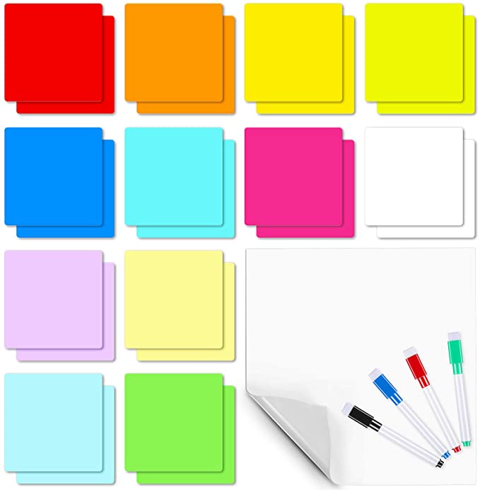 24 Pieces Dry Erase Sticky Notes Reusable Whiteboard Labels Stickers and 4 Pieces Erasable Markers with Erasers for Home Office Classroom Count to-Do List Label (3 x 3 Inch)