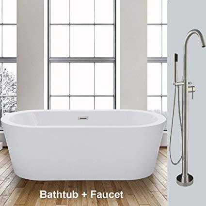 WOODBRIDGE F-0001 59" Acrylic Freestanding Bathtub Soaking Tub Brushed Nickel Faucet, B-0012  F0001, II
