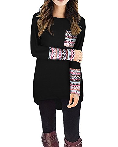 Styleword Women's Long Sleeve Round Neck Patchwork Casual Loose T-shirts Blouse Tops