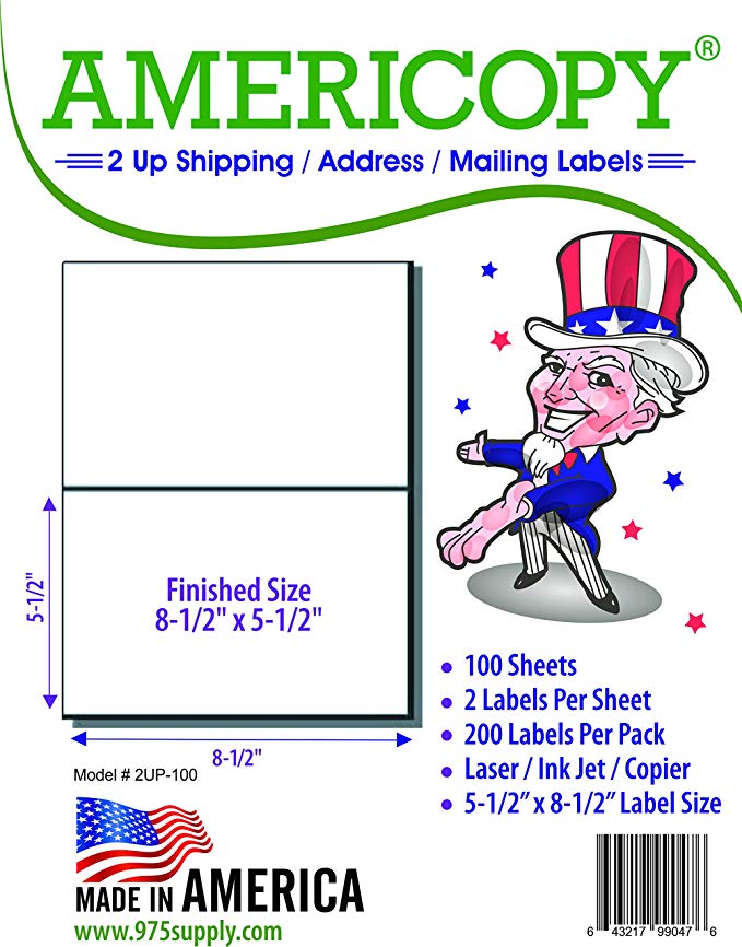Americopy - Half Sheet - Shipping Labels - 5-1/2" X 8-1/2" - 200 Labels