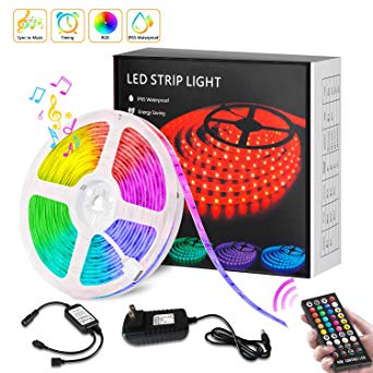 LED Strip Lights with Remote, 16.4ft RGB Color Changing Strip Lights Sync with Music, IP65 Waterproof LED Light Strips, Timing, Dimmable 5050 LED Flexible Rope Lights for Bedroom, TV, Ceiling