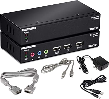 TRENDnet DVI KVM Extension Kit with Audio Support, Distances up to 50m (164 ft.), KVM Extender, USB 2.0, Transmitter, Receiver, Cat5e/Cat6, USB Device Port, TK-DEX5,Black