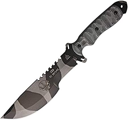 TOPS Knives Skullcrusher's SXB Fixed Blade Knife with Camo Finish and Rocky Mountain Tread Handle