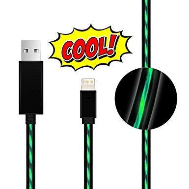 Lightning charger Lingoboi 3.0ft Visible Flowing 8Pin LED Lightning to USB Cable LED sync cord Charging Cord mini usb cord for iPhone 7 7Plus 6 6s 6 plus, iPhone 5 5s ,iPad, and More(Black/Green)