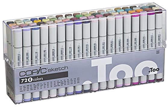 Copic Sketch Marker Set E: Oval Barrel, Super Brush and Medium Broad Nibs, 72 Assorted Colors (S72E)