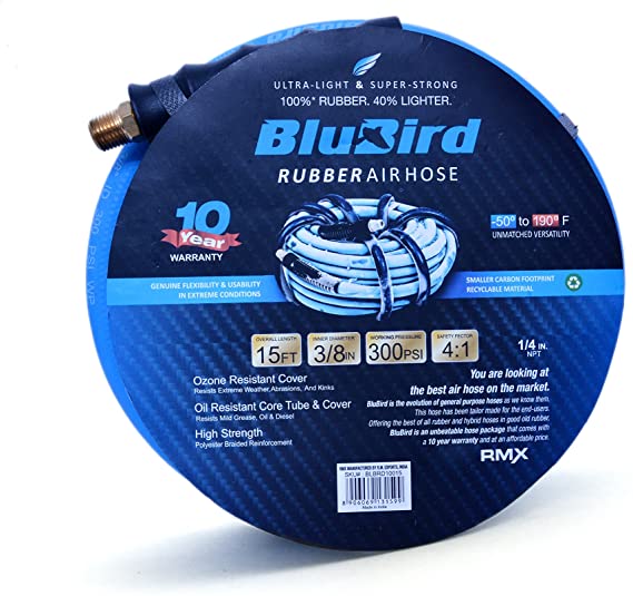 BluBird Lightest, Strongest, Most Flexible Rubber Air Hose (3/8" x 15') - BB3815