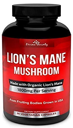 Organic Lions Mane Mushroom Capsules - 1800mg Strongest Lion's Mane Mushroom Supplement - Non-GMO Nootropic Brain Supplement & Immune System Booster from Mushroom Extract Powder - 90 Vegetarian Caps