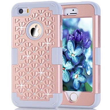 Hocase Rhinestone-Studded Bling Series Durable Silicone Bumper, Hard PC Shock and Scratch Resistant Case for iPhone SE/5s/5 - Rose Gold / Grey