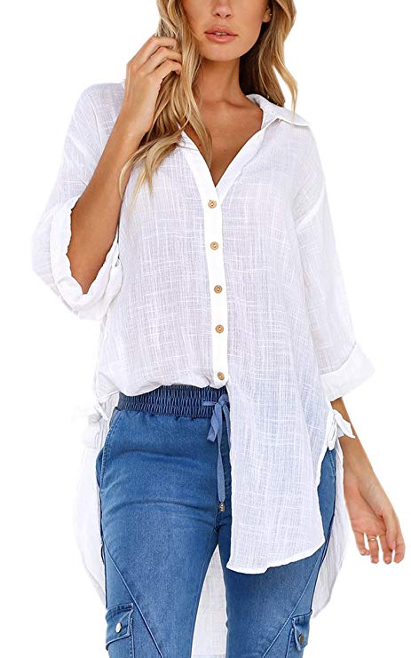ECOWISH Womens Shirts Casual Long Sleeve Solid V Neck Shirts Loose Button Down Blouse Tops