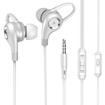 BoYaZ Earphones Earhook Premium Stereo Earbuds Noise Isolating Bass In-ear Headphones with Mic & Remote Control Sports Running Gym Hiking Jogger Exercise for All Smartphone Ipod Tablet (88-White)