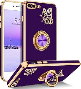 BENTOBEN for iPhone 8 Plus Case, Phone Case iPhone 7 Plus, Slim Fit Butterfly Design Kickstand Ring Holder Shockproof Protection Soft TPU Bumper Drop Protective Girls Women Boy Men Cover, Deep Purple