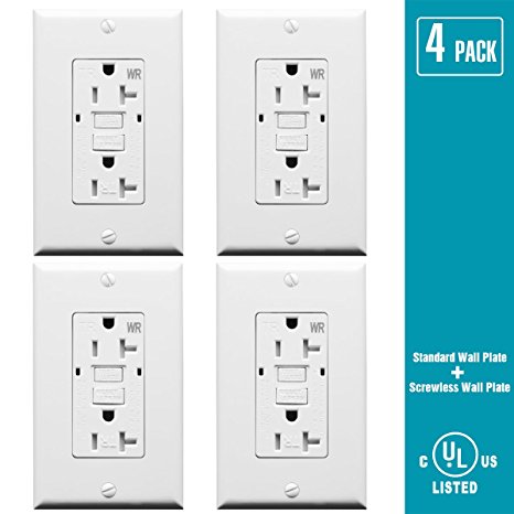 TOPELE 20Amp GFCI Outlet, 125 Volt Tamper-Resistant, Weather-Resistant Receptacle, 2 Wall Plates and Screws Included, White, UL Listed (Pack of 4)