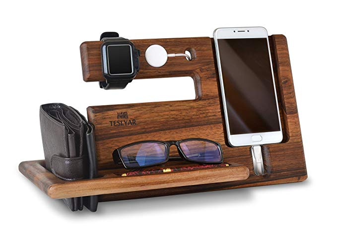 Natural Walnut Wood Phone Docking Station Key Holder Wallet Stand Magnetic Watch Charger Slot Organizer Men Gift Husband Wife Anniversary Dad Birthday Nightstand Tablet Father Graduation Travel Idea