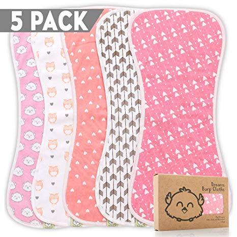 Organic Burp Cloths for Baby Girls - 5-Pack Ultra Absorbent Burping Cloth, Burp Clothes, Newborn Towel - Milk Spit Up Rags - Burpy Bib for Girl - Burp Cloths Set (Pink Dreams)