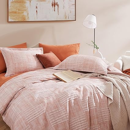 AMBERSPACE Terracotta Queen Comforter Set, Textured Design Terracotta Crinkle Bed in A Bag Queen Size, Queen Comforter Set with 7 Pieces with Comforter, Sheets, Pillowcases & Shams 90"x 90"