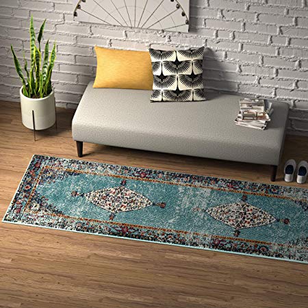 Rivet Distressed Color Medallion Rug, 2'6" x 8', Aqua