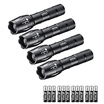 swiftrans Tactical Flashlight, Ultra Bright LED Flashlight with Adjustable Focus and 5 Light Modes - Zoomable, IPX4 Water-Proof, High Lumens Cree XML T6 LED, 6 AAA Batteries Included (4 Pack)