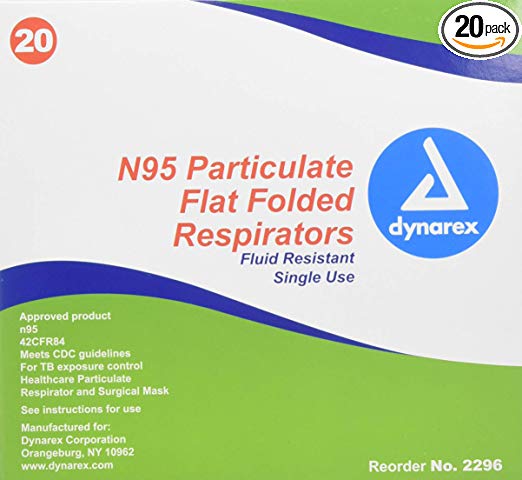 Dynarex N95 Particulate Respirator Mask, Flat, Folded, 20-Count