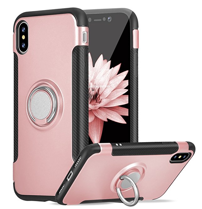 iPhone X Case, DAUPIN iPhone 10 Case Kickstand Adjustable Ring Stand Grip With Metal Patch Shock Absorbing Bumper soft TPU inner Hard PC Back Cover for Apple 5.8" iPhone X (2017)-Rose Gold