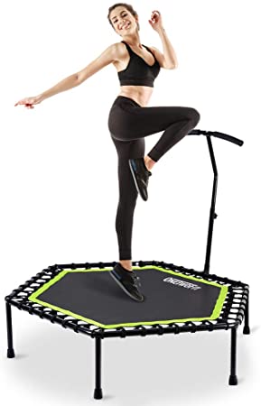 ONETWOFIT 48" Silent Mini Trampoline with Adjustable Handle Bar Fitness Trampoline Bungee Rebounder Jumping Cardio Trainer Workout for Adults or Kids