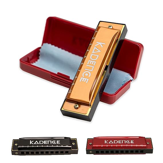 Kadence Daitonic Harmonica T104, With Learning course Key of C 10 Holes 20 tones Mouth Organ for Kids Adults and Beginners,with Hard Case (Gold)