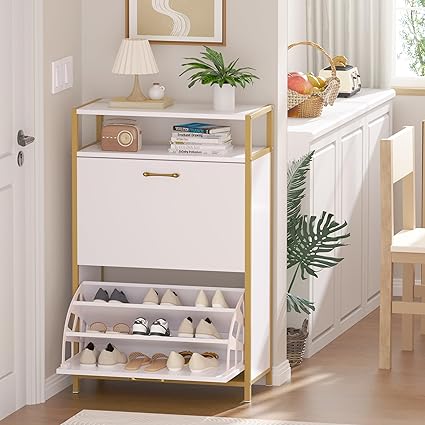 VECELO Shoe Storage Cabinet with 2 Flip Entryway Modern Slim Hidden Freestanding Organizer with Metal Legs for Narrow Hallway, Living Room, Large Capacity, White, 2-Drawers