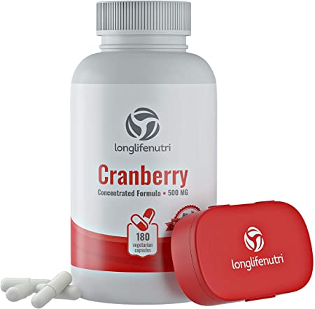 Cranberry 500mg 180 Vegetarian Capsules | Urinary Tract Infection UTI | Pure Fruit Concentrate Extract 25,000 mg | Plus Vitamin C & E | Herbal Bladder Supplement | Potent Natural Fresh Pill Complex