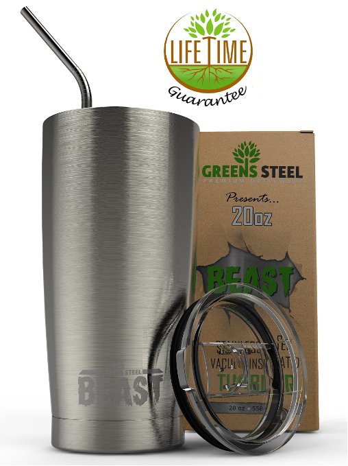 Beast 20oz Tumbler Stainless Steel Vacuum Insulated Rambler Coffee Cup Double Wall Travel Flask with Spill/ Splash Proof Lid & Curved Straw Premium Quality Bundle By Greens Steel