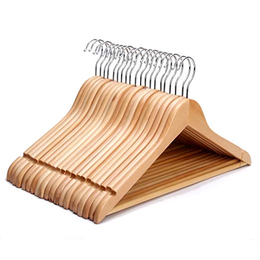 Pack of 20 High Quality Strong Natural Wood Wooden Coat Hangers with Round Trouser Bar and Shoulder Notches (Pack of 60)