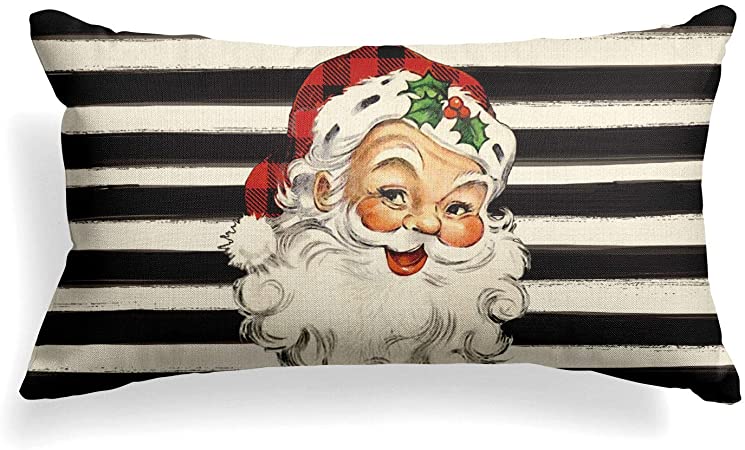 AVOIN Christmas Watercolor Stripes Santa Claus Throw Pillow Cover, 12 x 20 Inch Winter Holiday Cushion Case Decoration for Sofa Couch