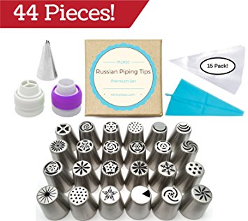 Russian Piping Tips - Complete Set (44 pcs): 24 Seamless 304 Stainless Steel Russian Piping Tips, 1 Silicon Pastry Bag, 1 Single Coupler, 1 Tri Coupler, 15 Disposable Pastry Bags, 1 Leaf Tip and Box