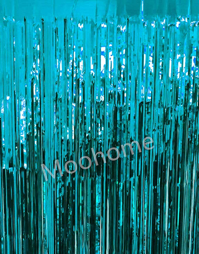 Moohome 3 ft x 8 ft Metallic Tinsel Foil Fringe Curtains Aquamarine for Party Photo Booth Backdrop Wedding Decor (Aquamarine, 1-Pack)