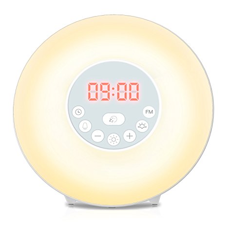 COULAX Wake Up Light Sunrise Alarm Clock Bedside Lamp, 6 Natural Sounds FM Radio Digital Clock, Sunrise Wake Up Alarm Sunset Simulation & 7 Auto Switch Colors, Touch Control with USB Charger