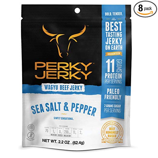 Perky Jerky Sea Salt and Pepper Wagyu Beef Jerky, 2.2 oz (Pack of 8) High-Protein Snack—12g of Protein—Keto, Paleo, Soy & Gluten-Free, No Added Sodium Nitrites/Nitrates—Tender and Flavorful Beef Jerky